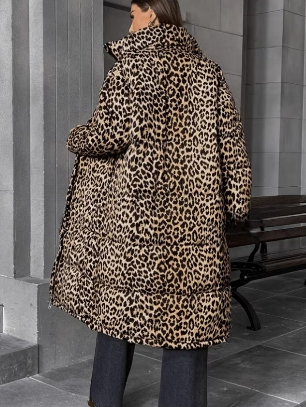 Leopard Print Long Puffer Coat - Brown - Picture 3 of 6